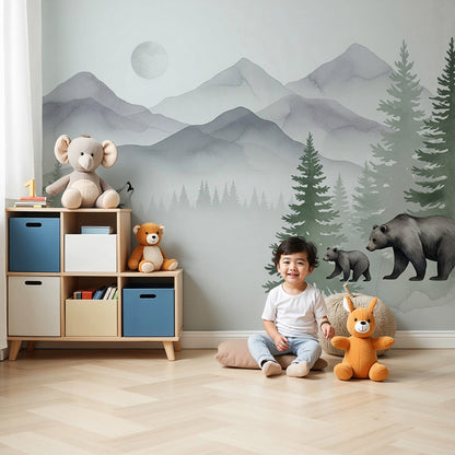 Kids-Mundo howling wolf and bear family wall mural behind a cot in a grey and green nursery