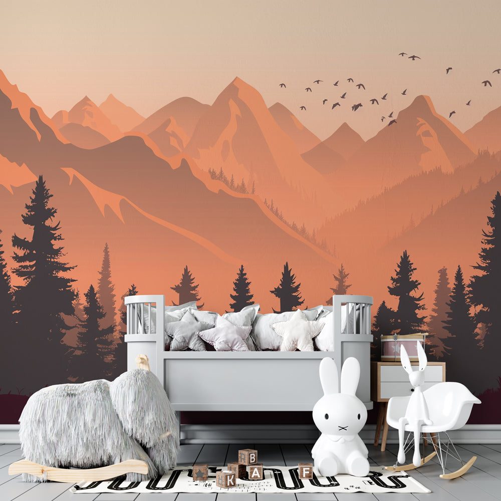 Kids-Mundo mountain wolf wall mural installed on a feature wall in a modern kids bedroom setting.