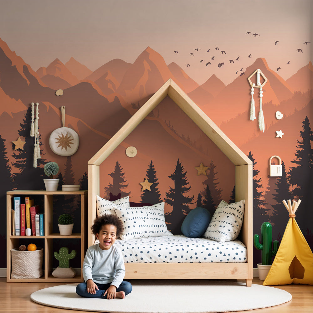 Kids-Mundo wolf and sunset mountain wall mural styled in a calm nursery with soft furnishings and warm natural light.
