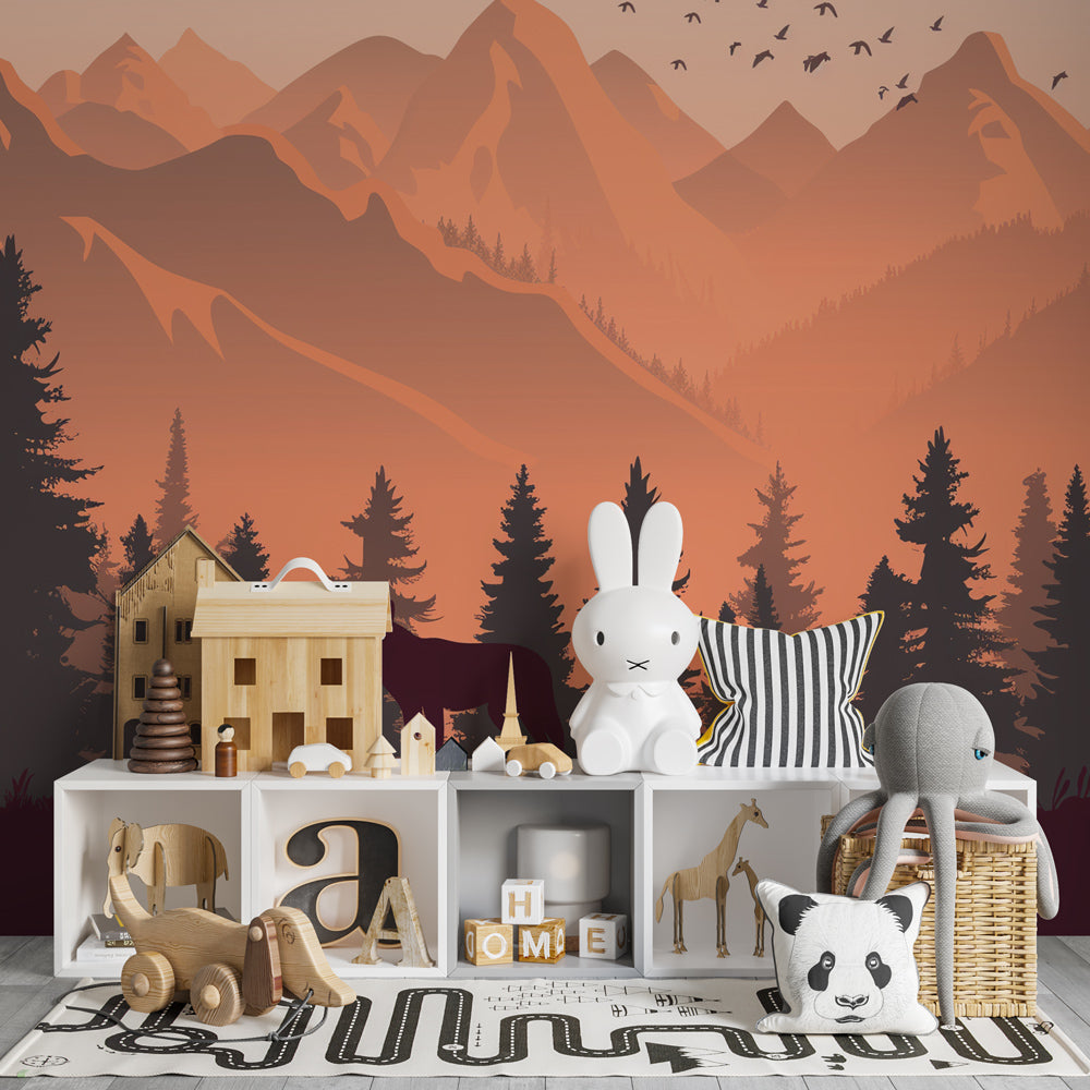 Kids-Mundo sunset mountain wall mural brightening a playroom feature wall with a lone wolf silhouette.