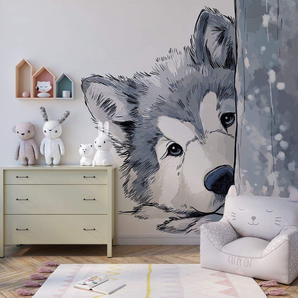 Curious wolf mural wallpaper in modern children's bedroom with natural wood furniture