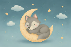 Detailed wolf moon mural wallpaper design pattern showing sleeping wolf on golden crescent moon by Kids-Mundo