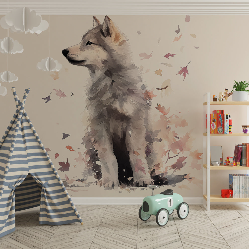 Autumn wolf mural wallpaper with falling leaves design for kids room decor by Kids-Mundo