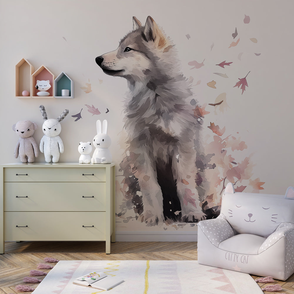 Woodland wolf mural wallpaper creating peaceful atmosphere in children's bedroom by Kids-Mundo