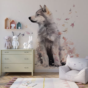 Woodland wolf mural wallpaper creating peaceful atmosphere in children's bedroom by Kids-Mundo