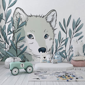 Gentle wolf mural wallpaper transforming kids bedroom into magical forest sanctuary