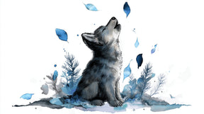 Detailed wolf under starry sky mural wallpaper design pattern with watercolor forest elements by Kids-Mundo