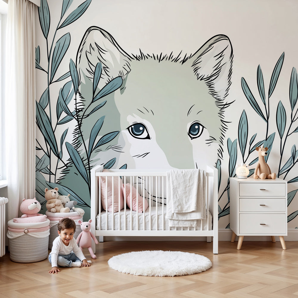 Wolf forest mural wallpaper creating peaceful nursery decor with natural wood furniture by Kids-Mundo