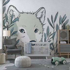 Nature-themed wolf wallpaper creating calming playroom atmosphere for children