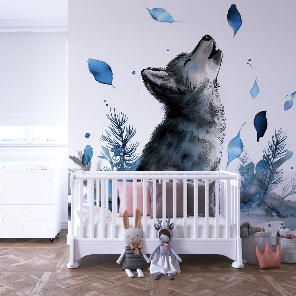 Nature-themed wolf mural wallpaper bringing woodland charm to kids playroom space