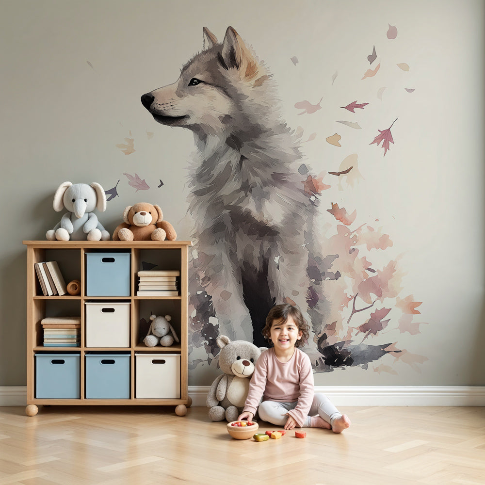 Kids-Mundo wolf pup wall mural in a calm nursery, made-to-measure autumn woodland wallpaper behind a cot.