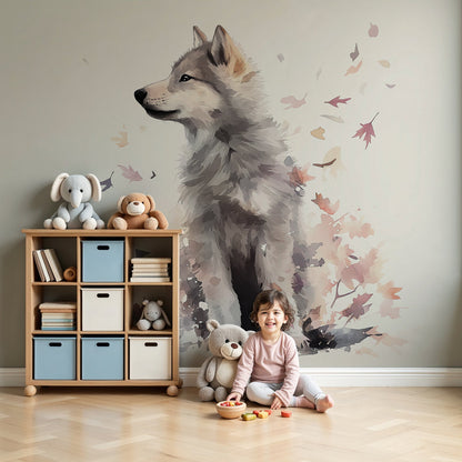 Kids-Mundo wolf pup wall mural in a calm nursery, made-to-measure autumn woodland wallpaper behind a cot.