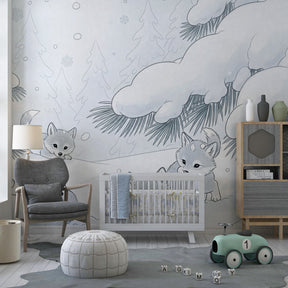 Winter wolf cubs wallpaper creating magical snowy forest atmosphere in children's bedroom