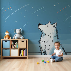 Wolf stars mural wallpaper creating magical celestial atmosphere in kids bedroom by Kids-Mundo