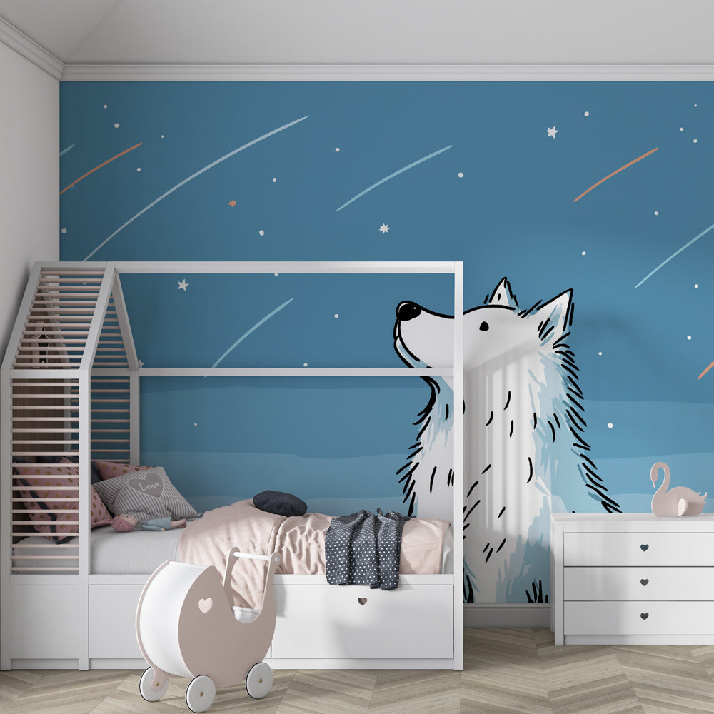 Mystical wolf and stars wallpaper transforming kids playroom into cosmic wonderland