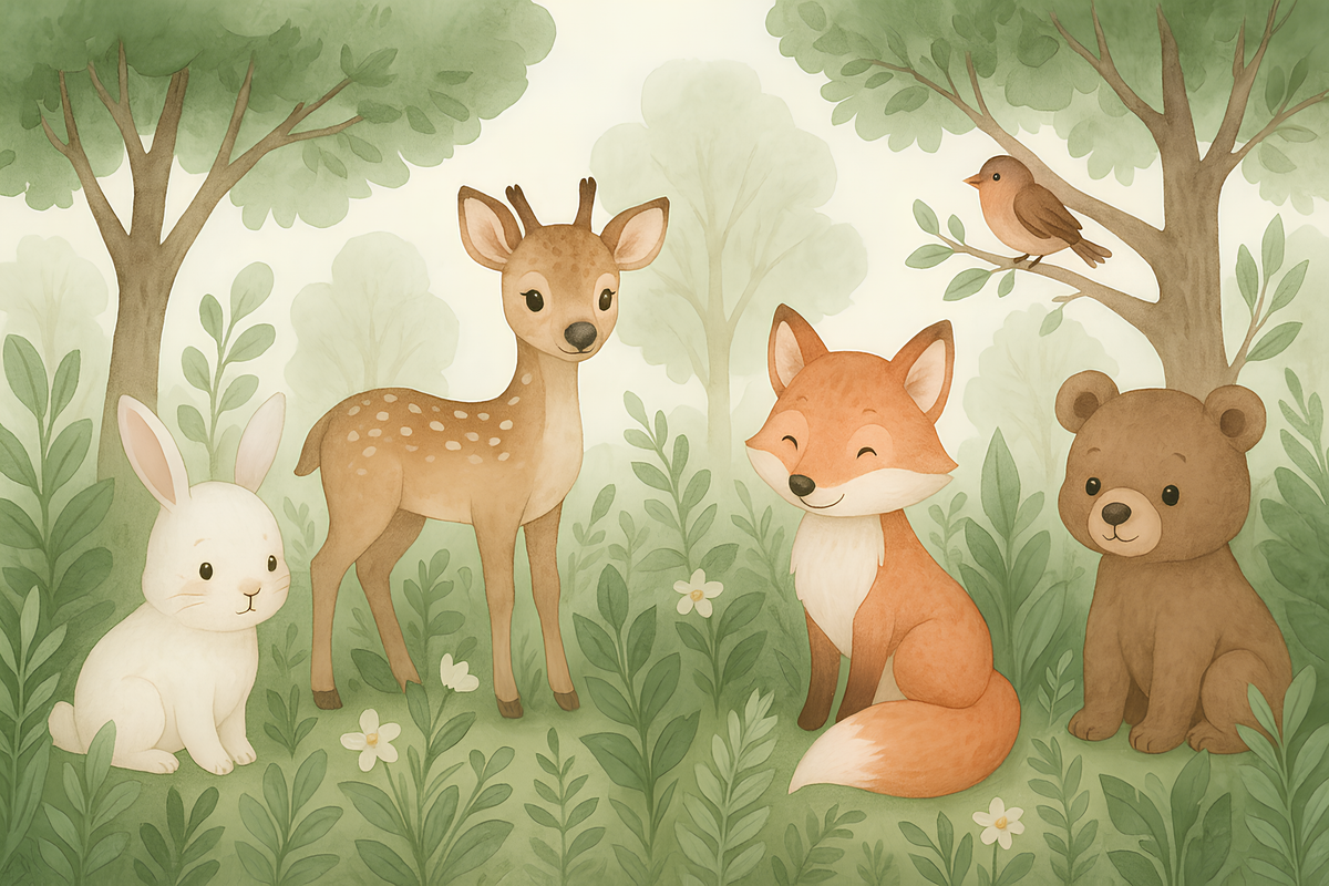 Flat artwork of the Kids-Mundo woodland animal wall mural design with fox, fawn and rabbit