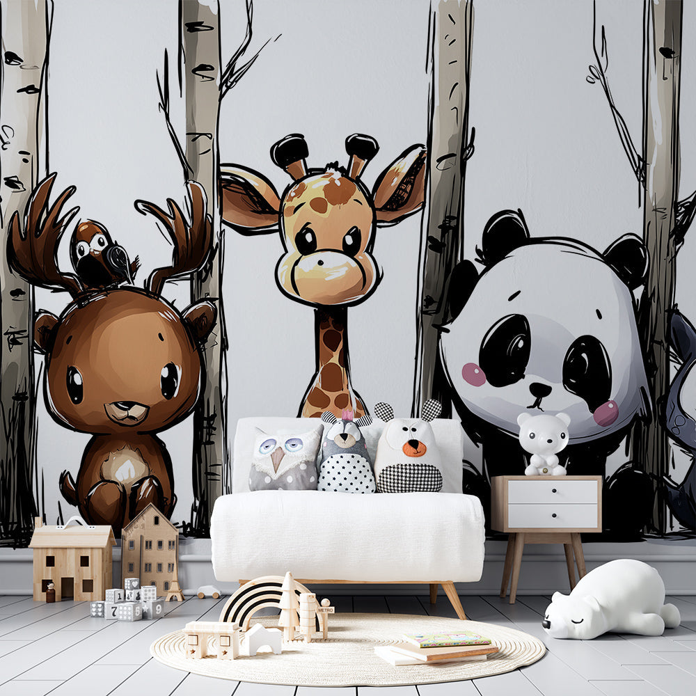 Kids-Mundo woodland wall mural with giraffe, panda and owl shown in a children's bedroom