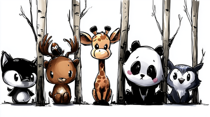 Kids-Mundo flat artwork of woodland animal friends including a fox, bear, giraffe and panda