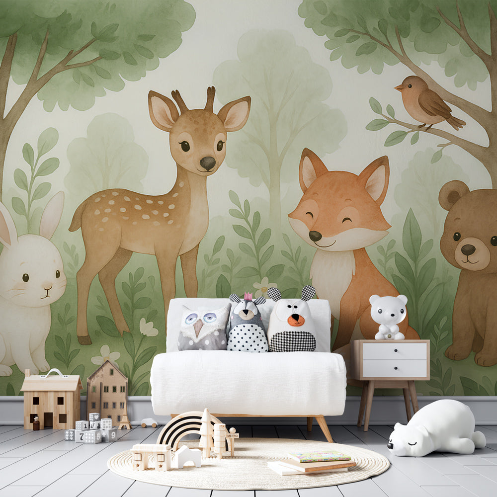 Woodland animal wall mural by Kids-Mundo brightening a children's playroom with forest friends