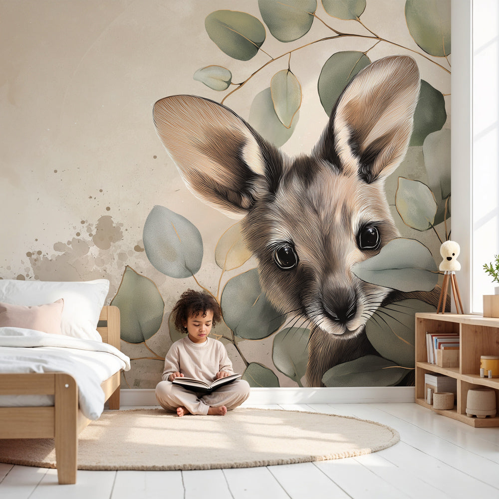 Woodland animal mural wallpaper creating serene nursery atmosphere with shy creature in foliage by Kids-Mundo