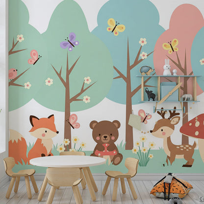 Kids-Mundo woodland animals wall mural with fox and friends on a child's bedroom feature wall.