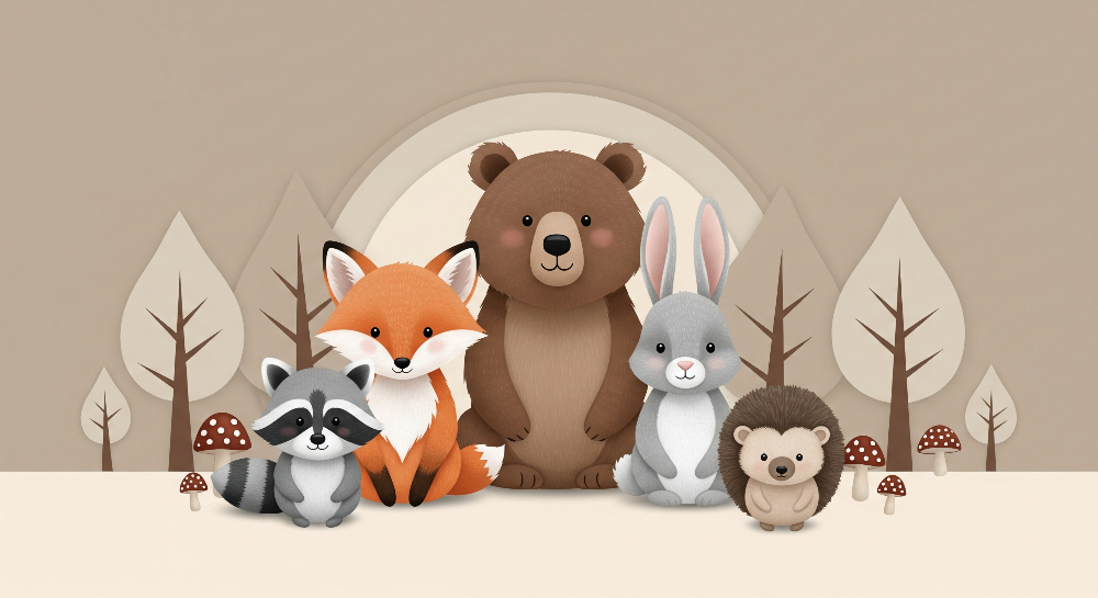 Kids-Mundo flat artwork of raccoon, fox, bear, rabbit and hedgehog woodland friends