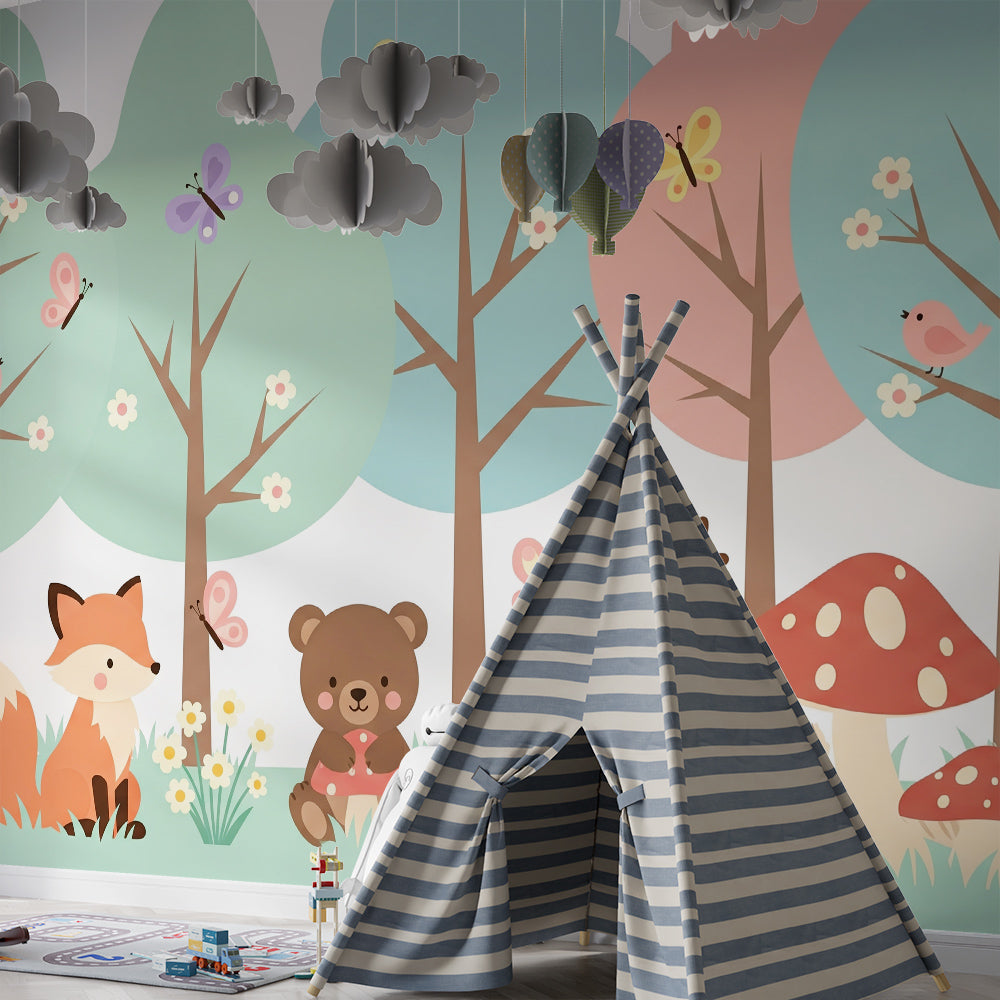 Kids-Mundo woodland animals mural bringing a full cast of characters to a bright playroom wall.