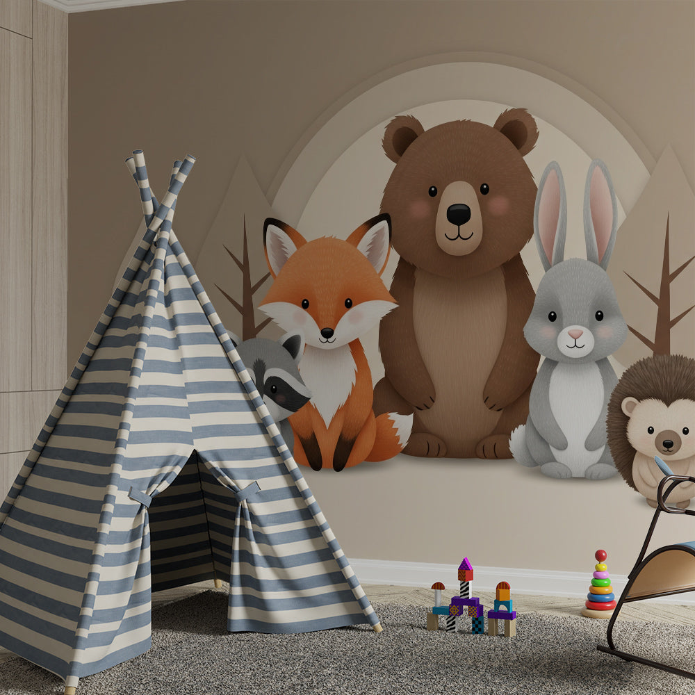 Kids-Mundo woodland animal friends mural brightening a kids playroom wall