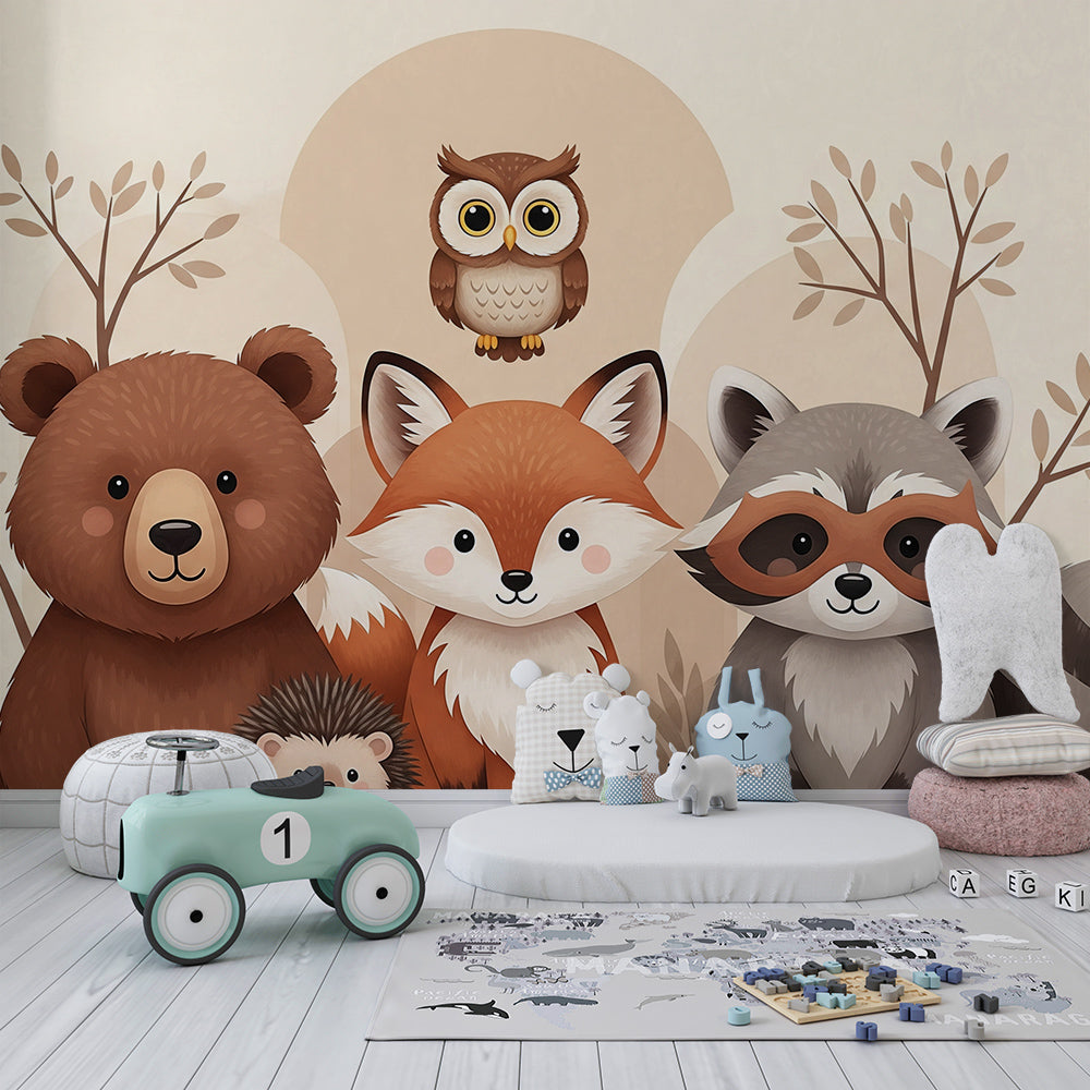 Kids-Mundo bear, fox, owl and raccoon mural styled on a wall in a kids bedroom