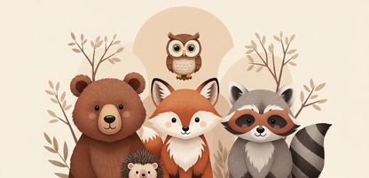 Kids-Mundo flat artwork preview of the woodland animal portrait wall mural with bear, fox and owl