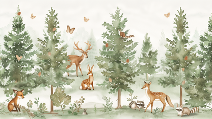 Flat artwork of woodland animals in a watercolour pine forest, Kids-Mundo mural design