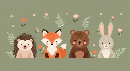 Kids-Mundo flat artwork of a hedgehog, fox, bear and rabbit among ferns and flowers on sage green.
