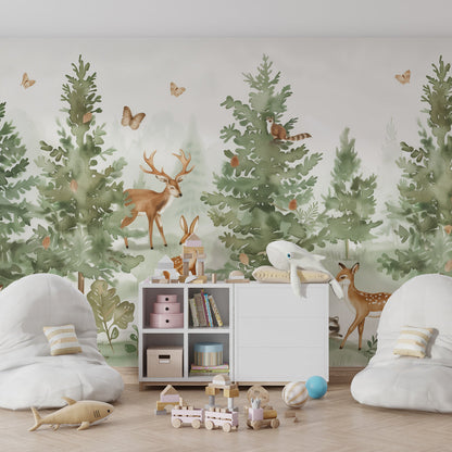 Woodland animal wall mural with pine trees in a playroom, Kids-Mundo wallpaper