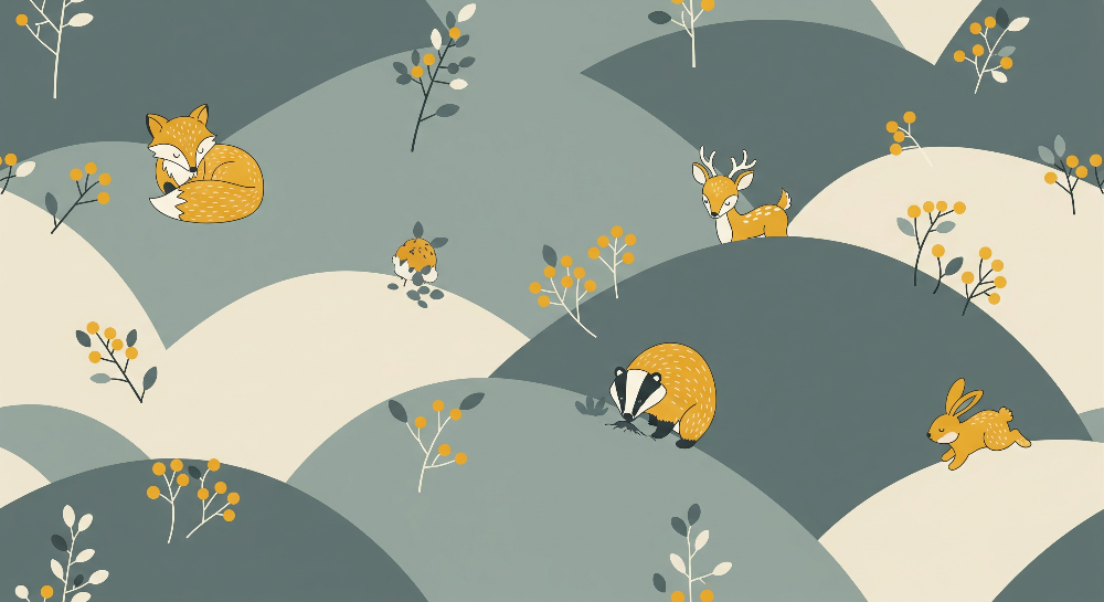 Kids-Mundo flat artwork of a fox, deer, badger and rabbit on rolling hills, full mural design.