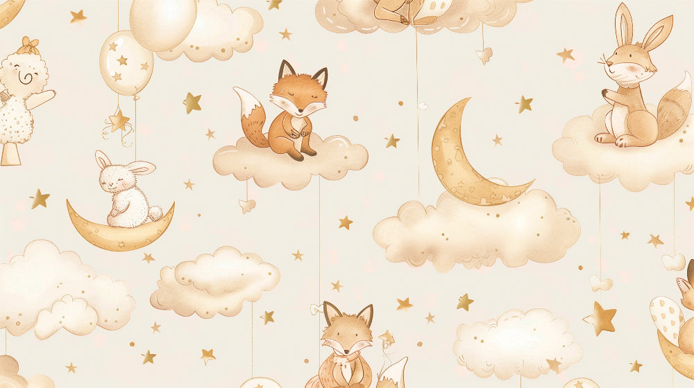 Detailed woodland animals mural wallpaper design pattern with foxes rabbits clouds by Kids-Mundo