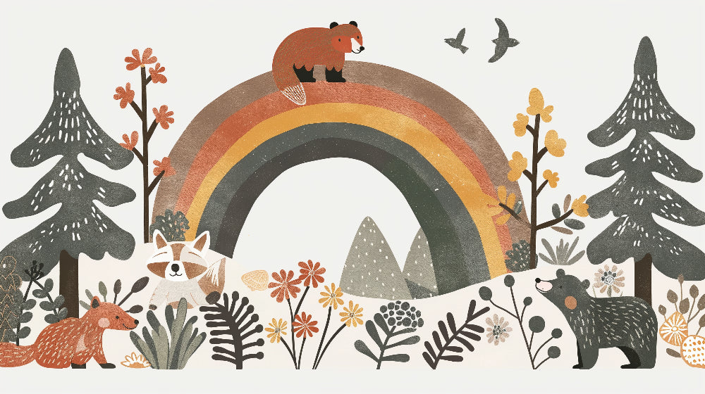 Detailed woodland animals and rainbow mural wallpaper design pattern by Kids-Mundo