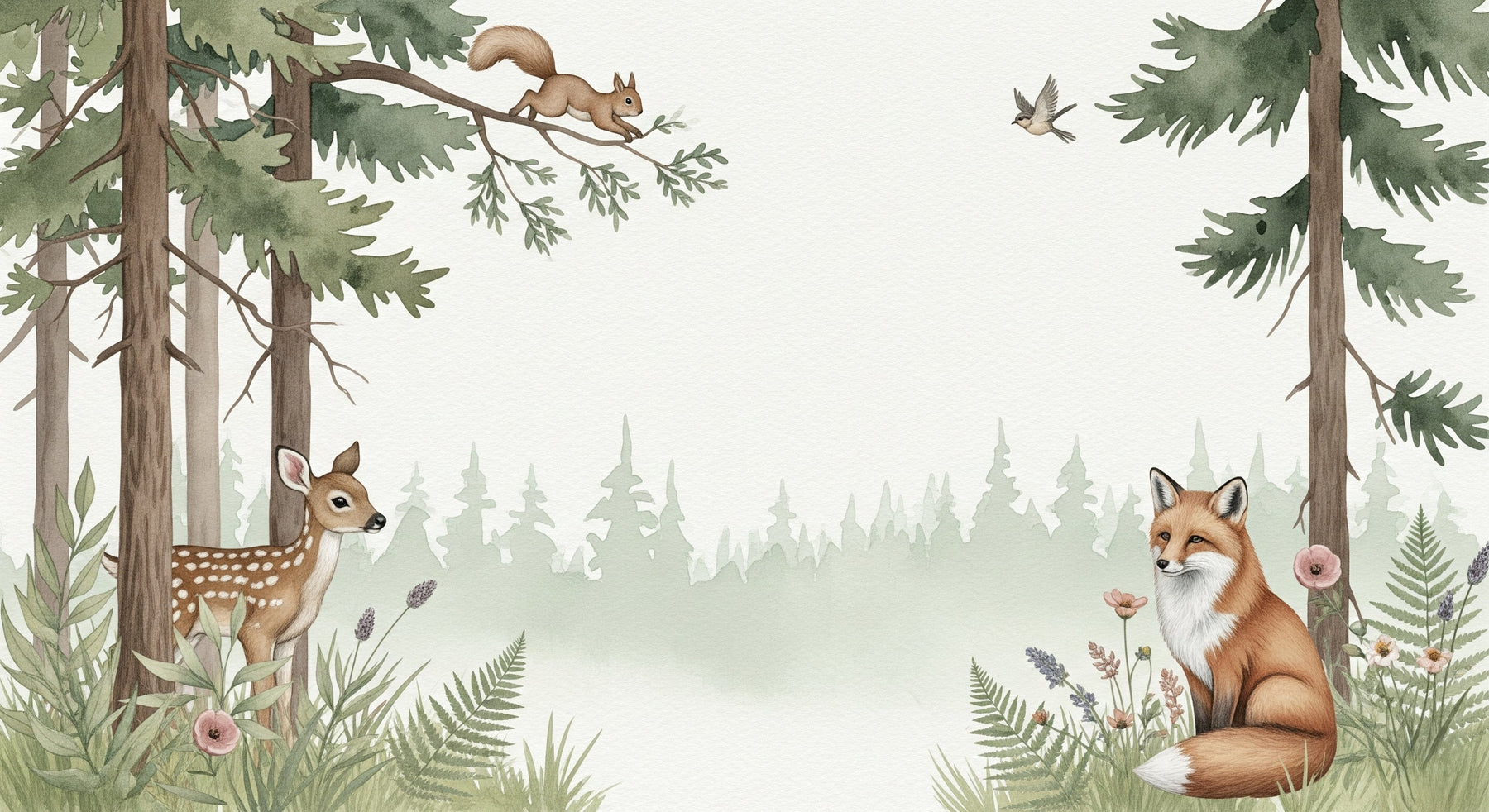 Detailed woodland animals mural wallpaper design pattern with deer and fox by Kids-Mundo