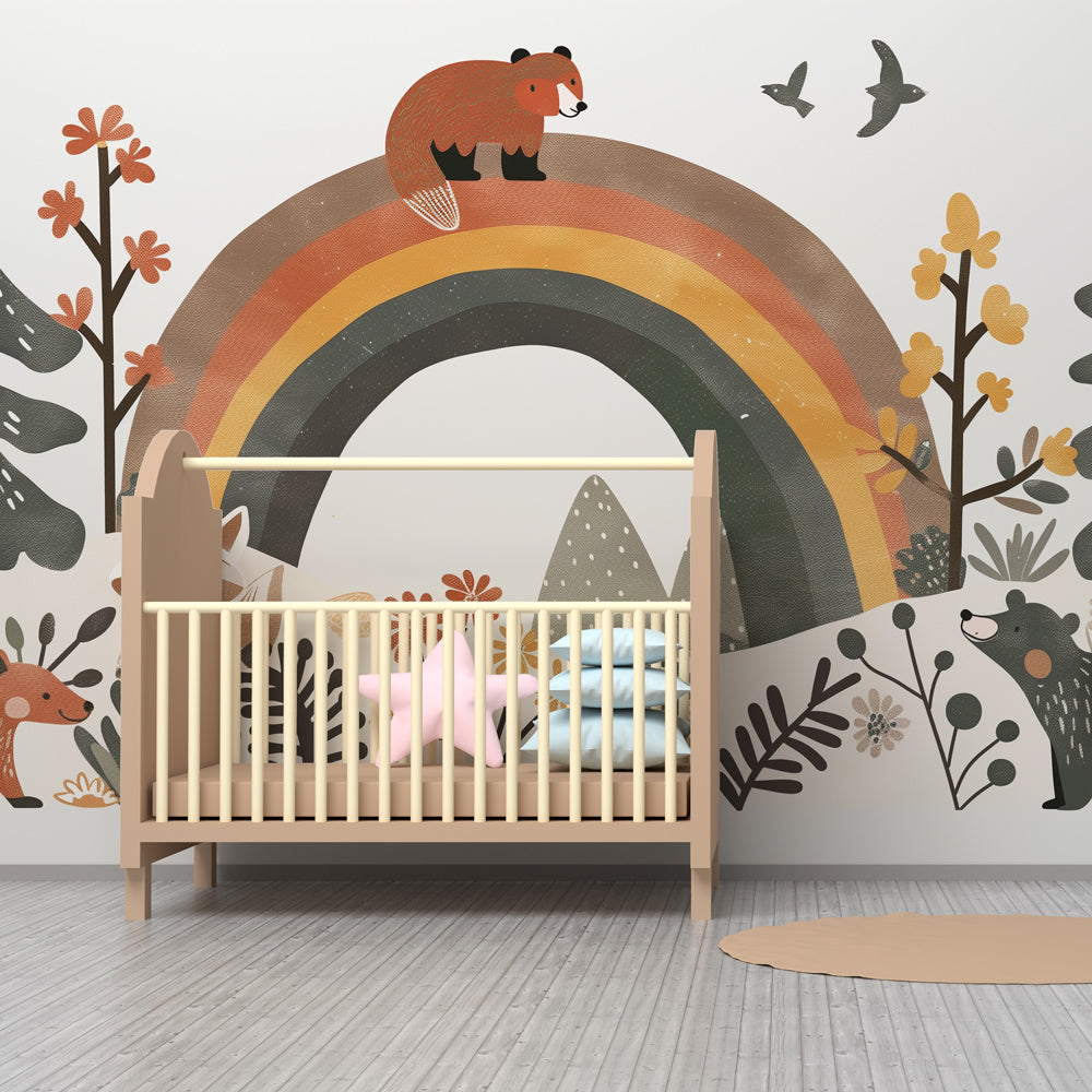 Forest animals wallpaper creating magical kids bedroom decor with bears and raccoons
