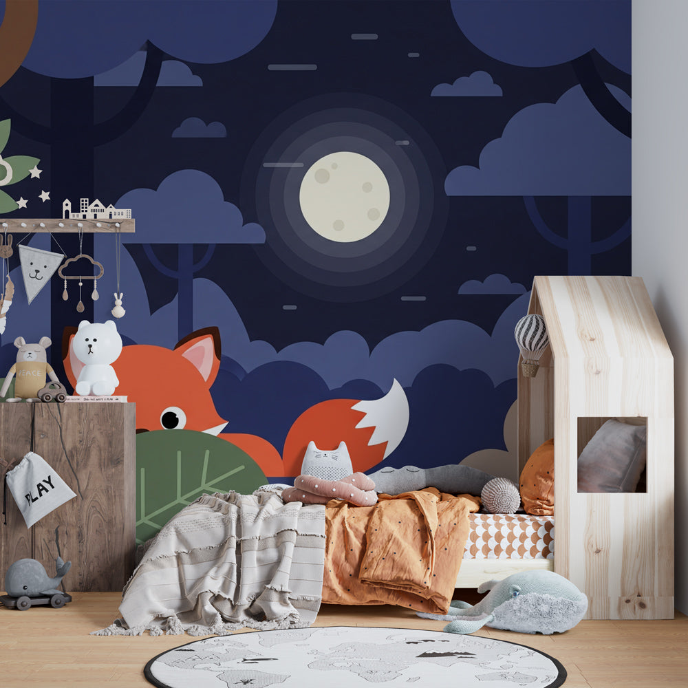 Moonlit woodland mural wallpaper showing calming blue green forest scene for children