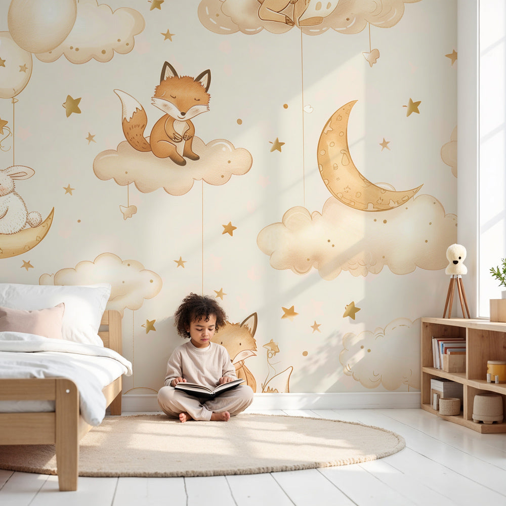 Woodland animals mural wallpaper with foxes and rabbits on clouds in modern nursery by Kids-Mundo