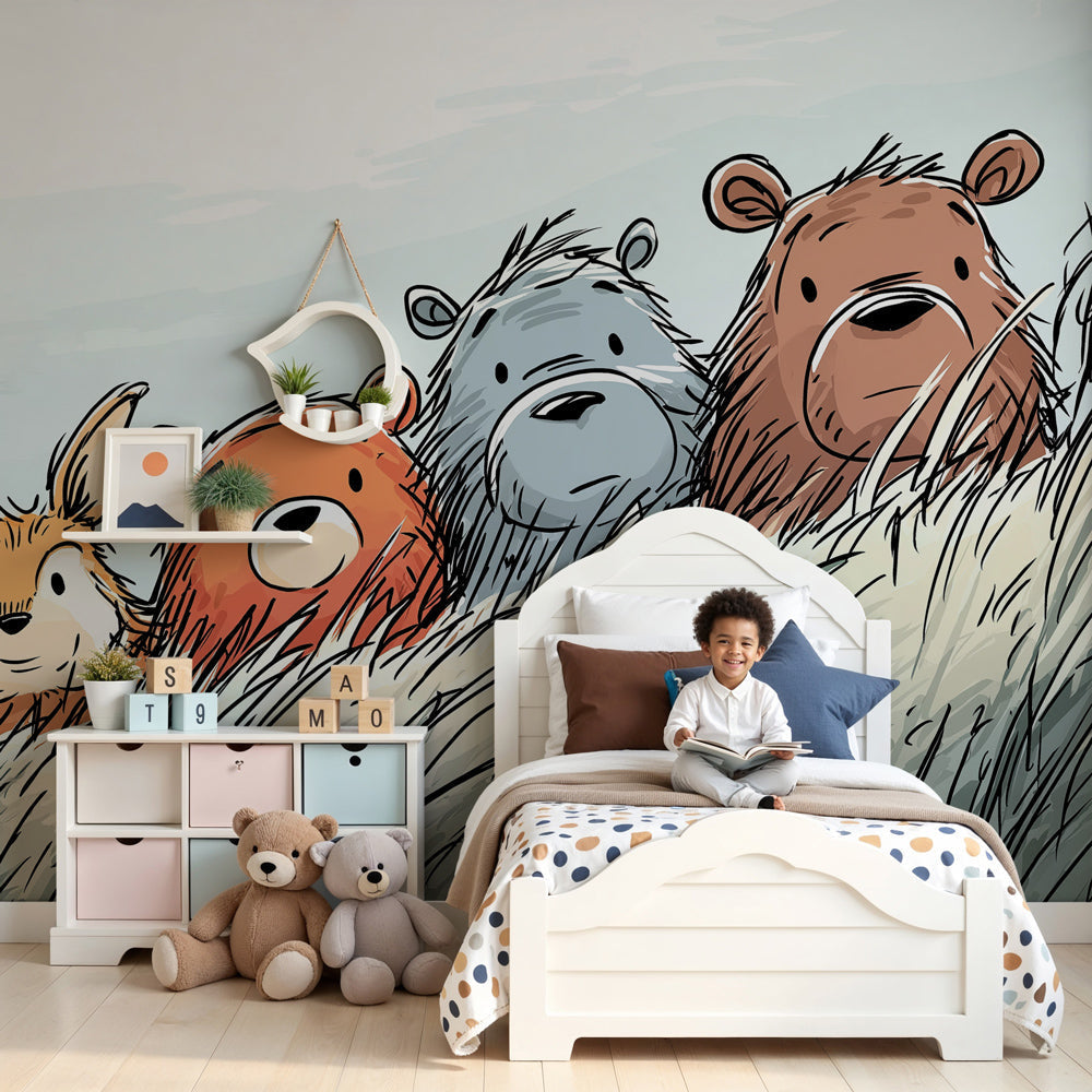 Woodland animals mural wallpaper featuring forest friends in cozy nursery setting by Kids-Mundo