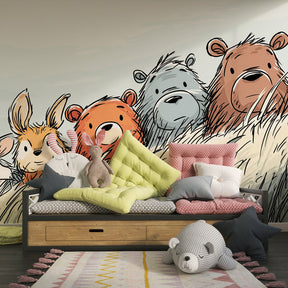Playful woodland creatures mural wallpaper transforming kids playroom into forest adventure