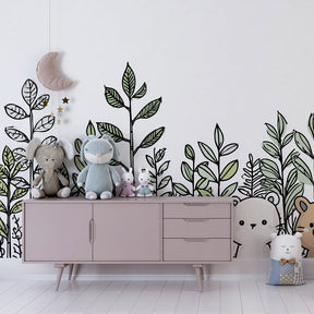 Woodland animals mural wallpaper in bright children's playroom with botanical theme by Kids-Mundo