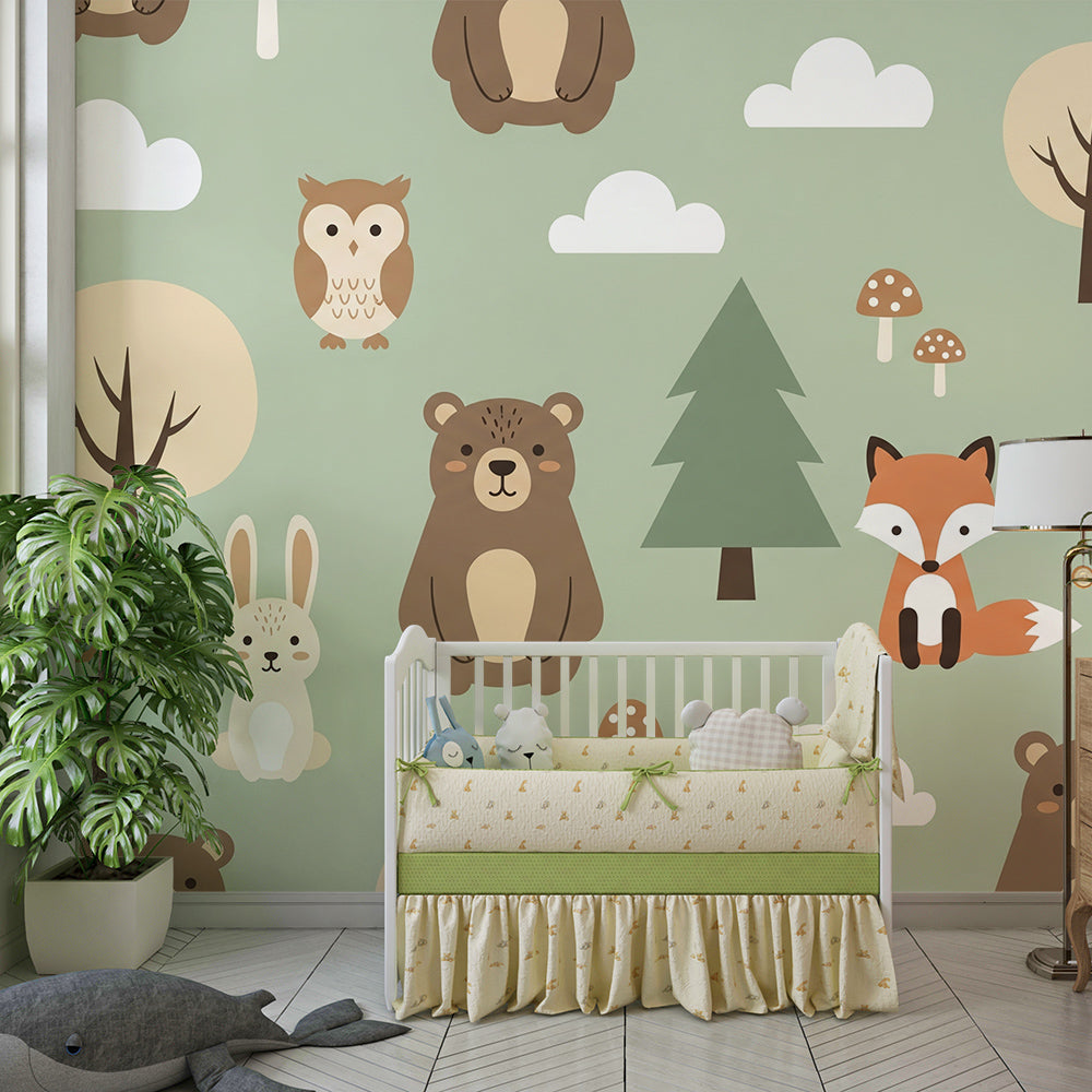 Kids-Mundo bear, fox and owl pattern wall mural styled in a baby's bedroom