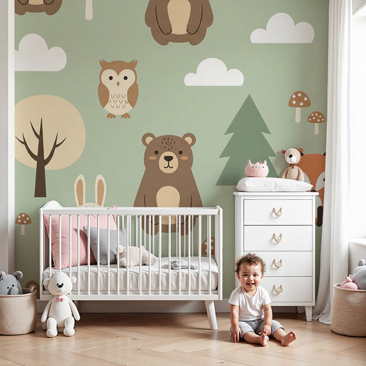 Kids-Mundo woodland animal pattern wall mural in a soft sage green nursery