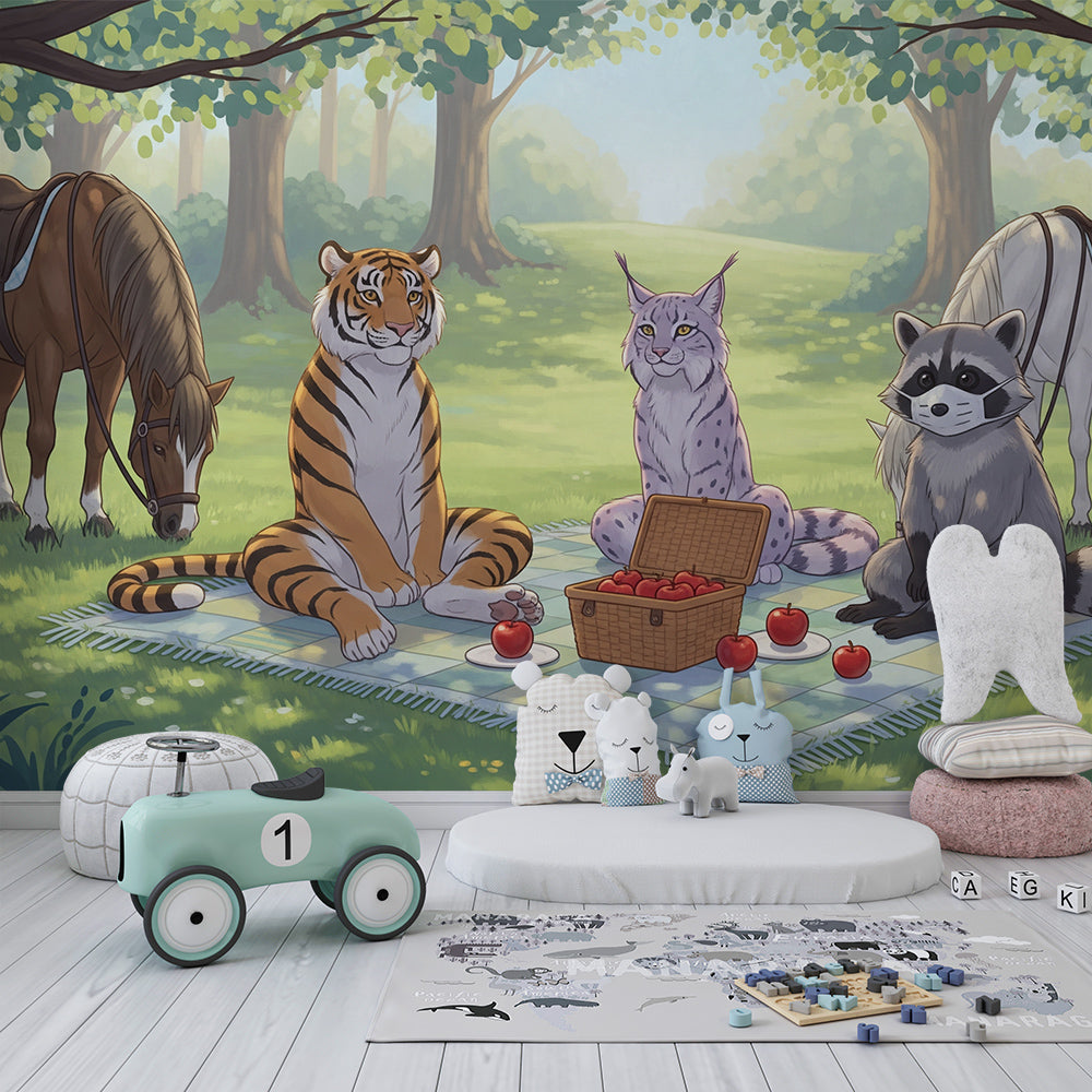 Kids-Mundo forest picnic wall mural styled on a child's bedroom wall with calming green tones