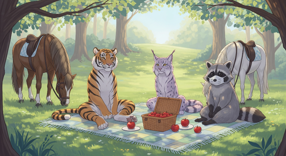 Kids-Mundo flat artwork of a tiger, lynx, raccoon and horses picnicking in a sunlit forest clearing