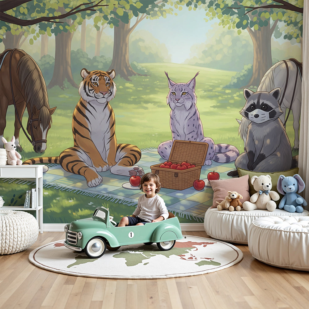 Kids-Mundo woodland animal wall mural with picnicking tiger and raccoon in a soft green nursery