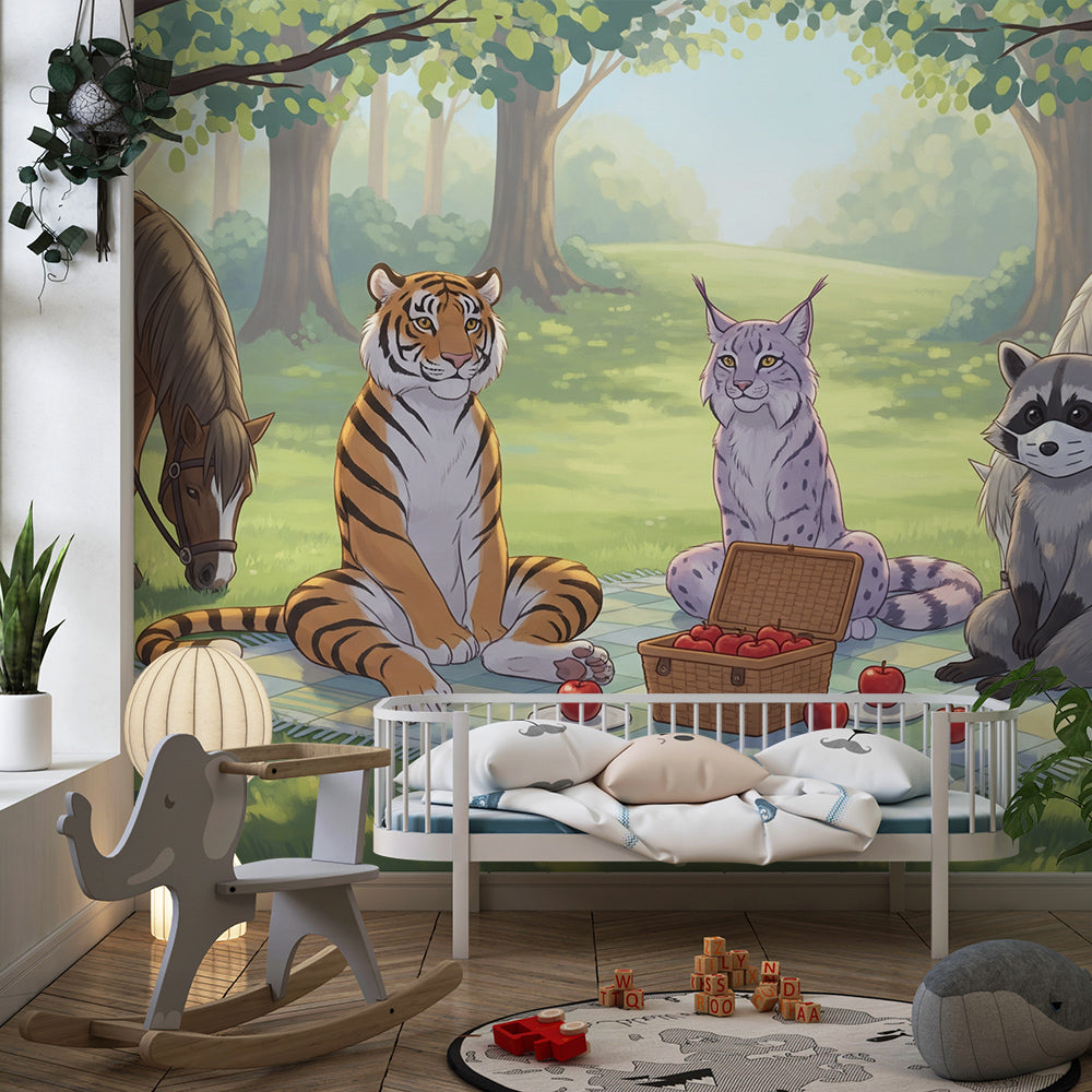 Kids-Mundo woodland picnic mural brightening a playroom wall with tiger, lynx and raccoon