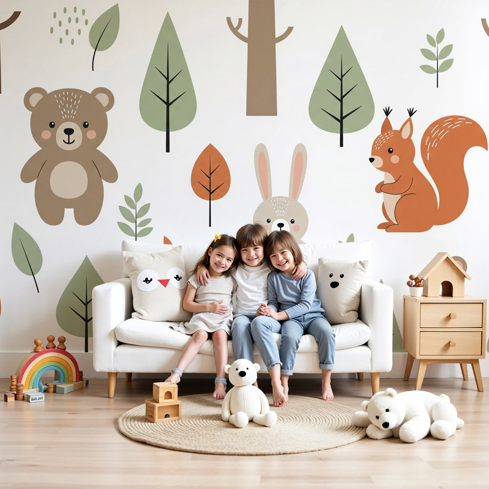 Kids-Mundo sage green woodland animals wall mural behind a cot in a soft, calm nursery